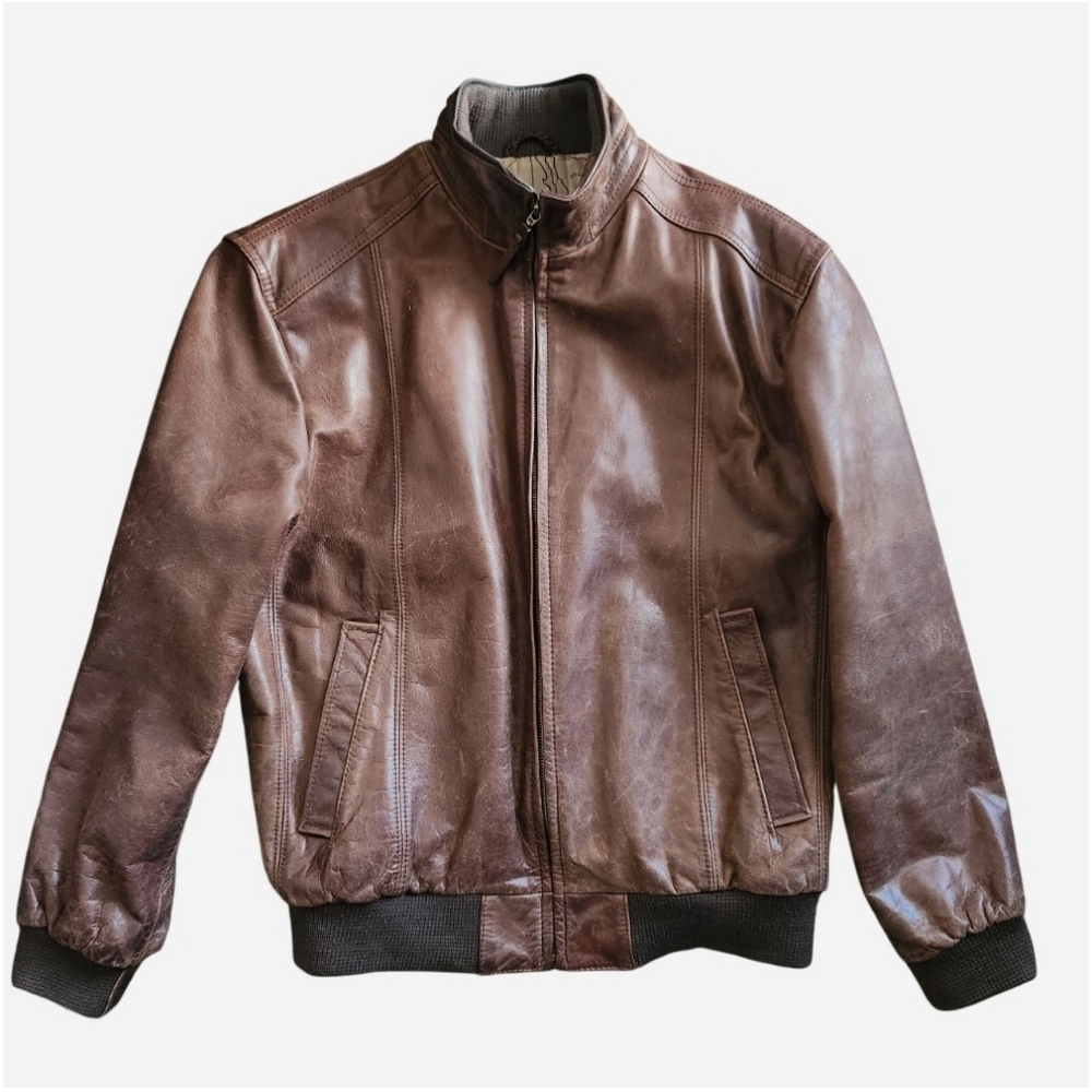 Jos A. Banks Vintage 90s Distressed Brown Leather Bomber Jacket Size Medium